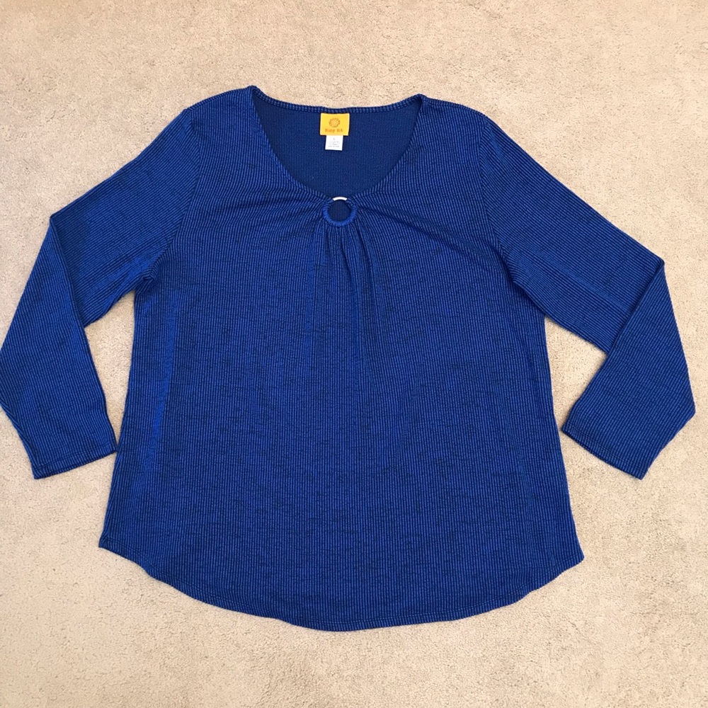 Ruby Rd Casual Top Size L Blue Black Pinstripe Flare Stretch Office School